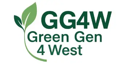 Λογότυπο GG4W Green Gen 4 West με φύλλο και πράσινο χρώμα.